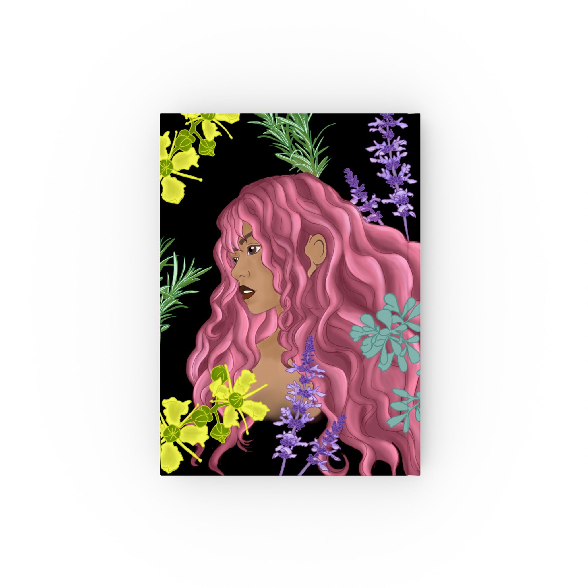 Botanical Muse" — Hardback Magical Notebook with pink-haired figure and vibrant floral illustrations on black background, gallery position 1