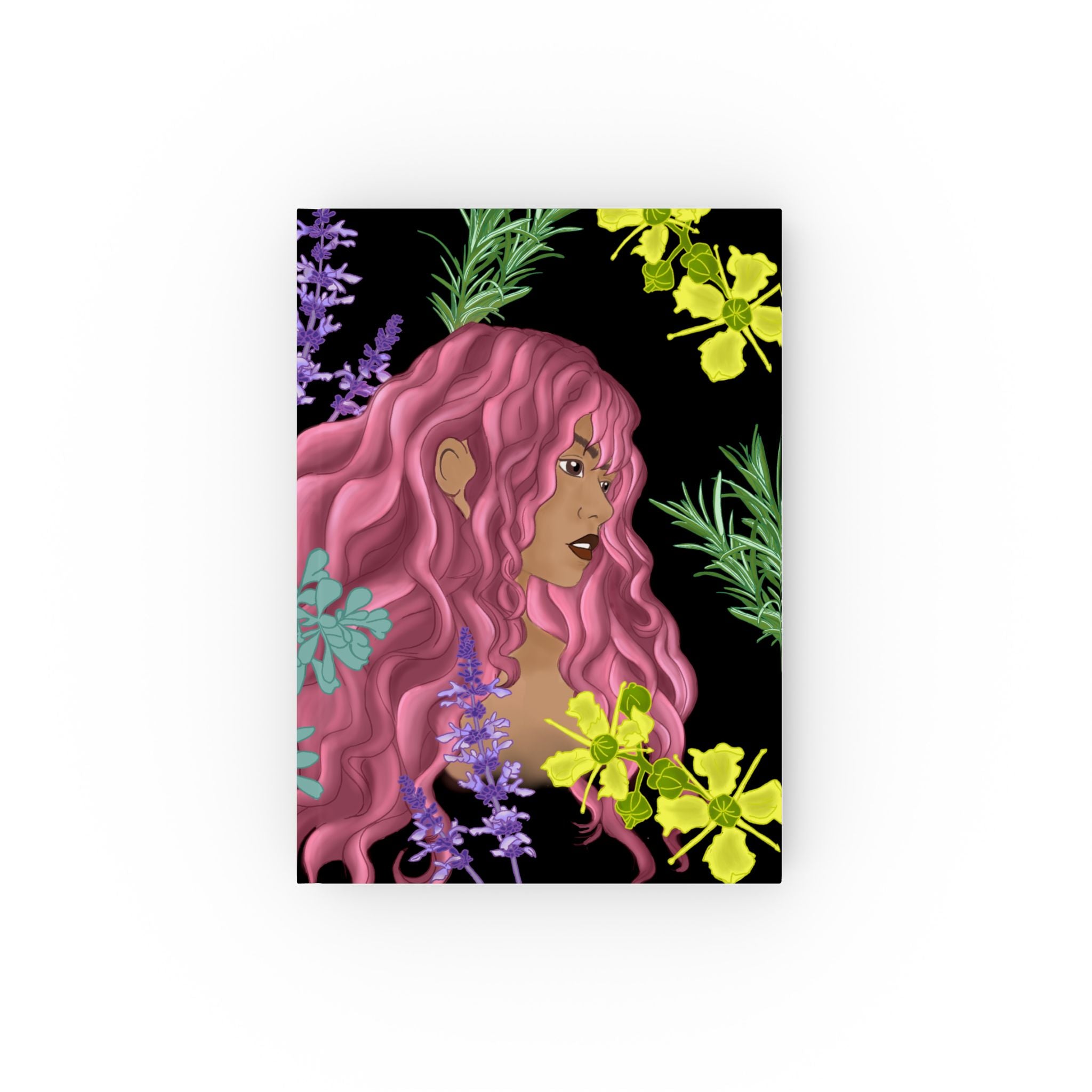 Botanical Muse" — Hardback Magical Notebook with pink-haired figure and vibrant floral design on black background, gallery position 1
