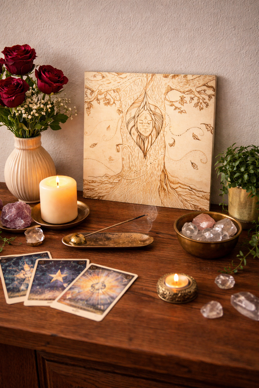 Grandmother Earth" - Museum Quality Art Print displayed in gallery position 1 with candles, crystals, and tarot cards