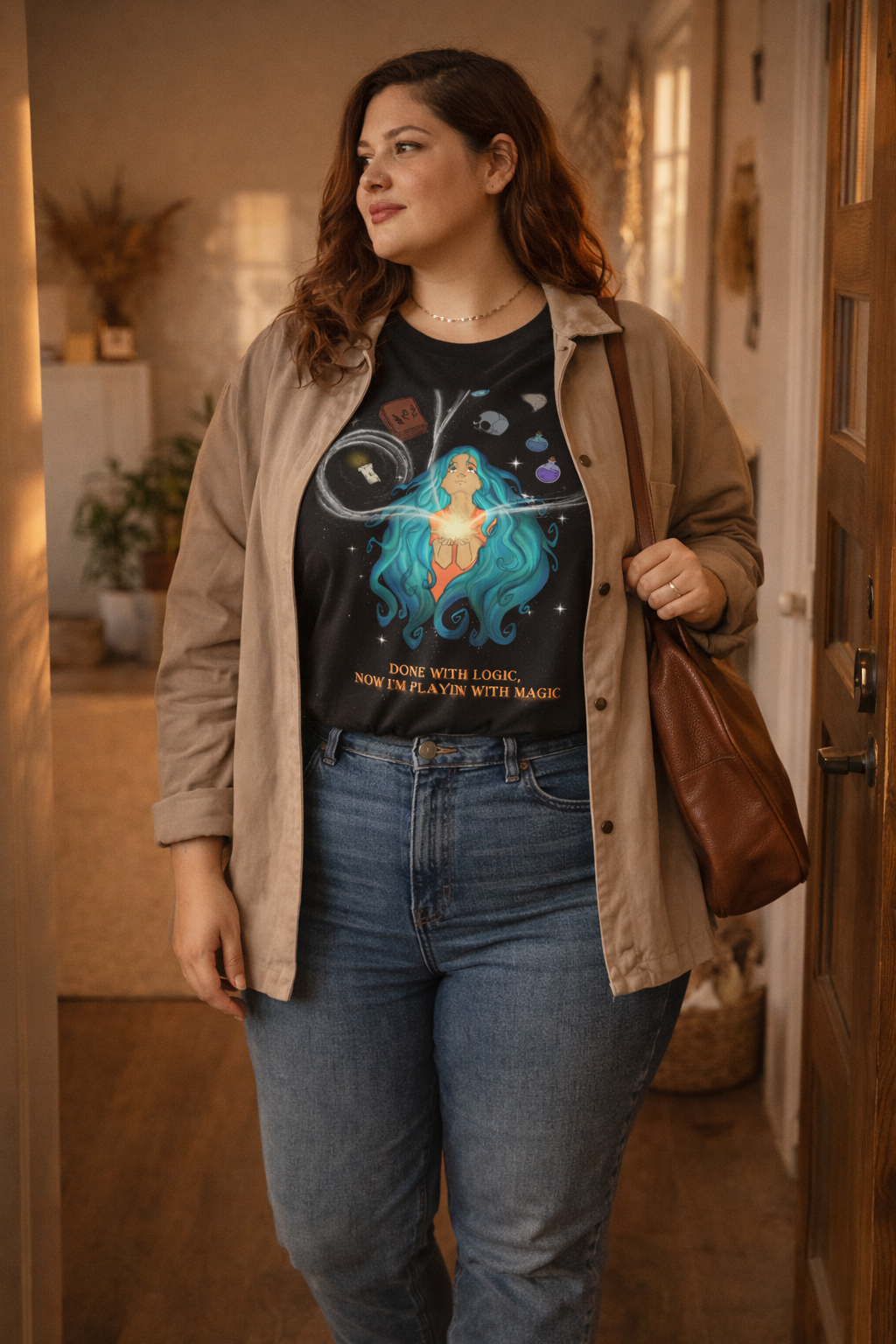 Done with Logic, Now I'm Playin' with Magic" — T-Shirt with flowing turquoise-haired witch, gallery position 1