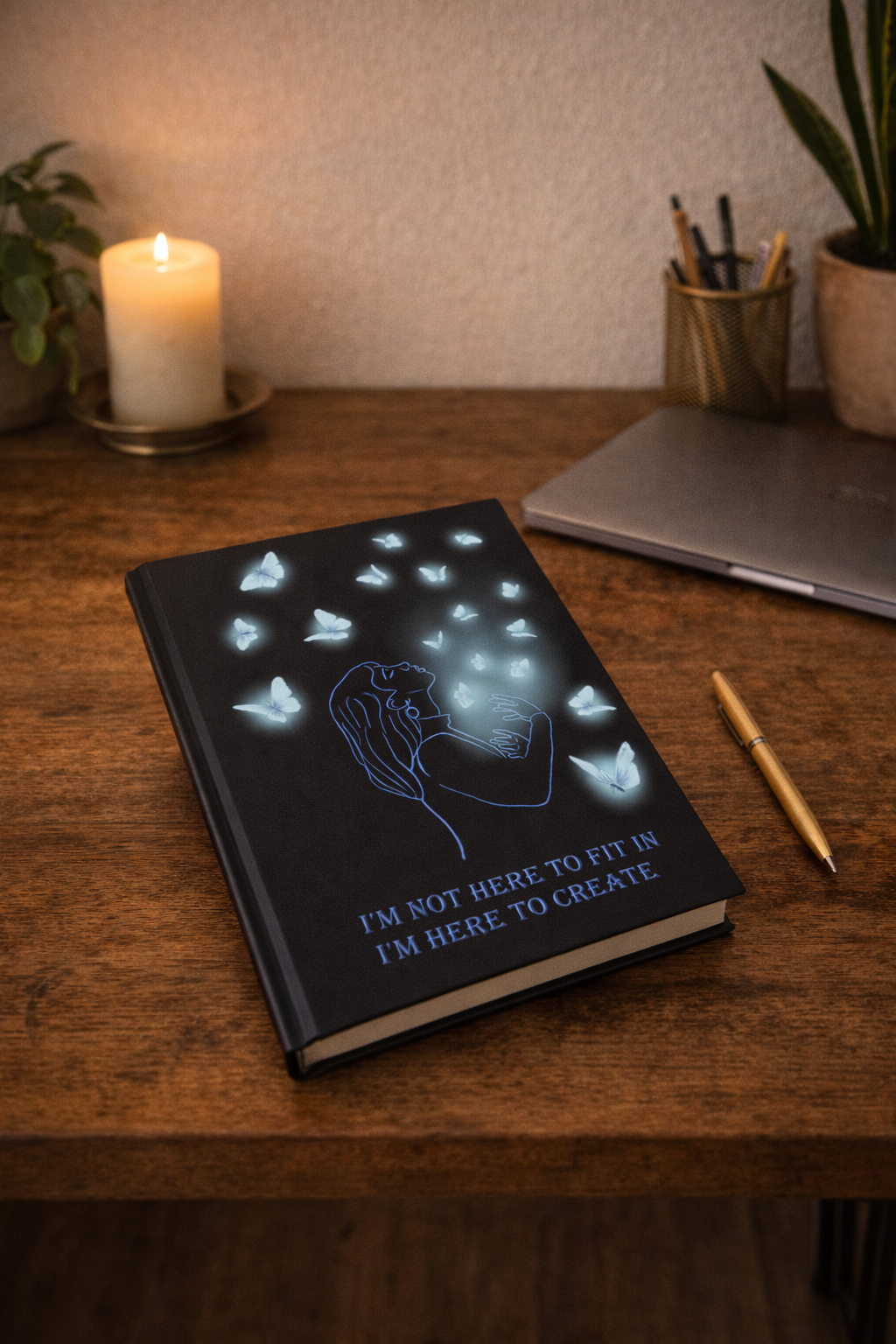 “I’m Not Here to Fit In, I’m Here to Create” — Hardback Magical Notebook shown on wooden desk with candle, gallery position 1