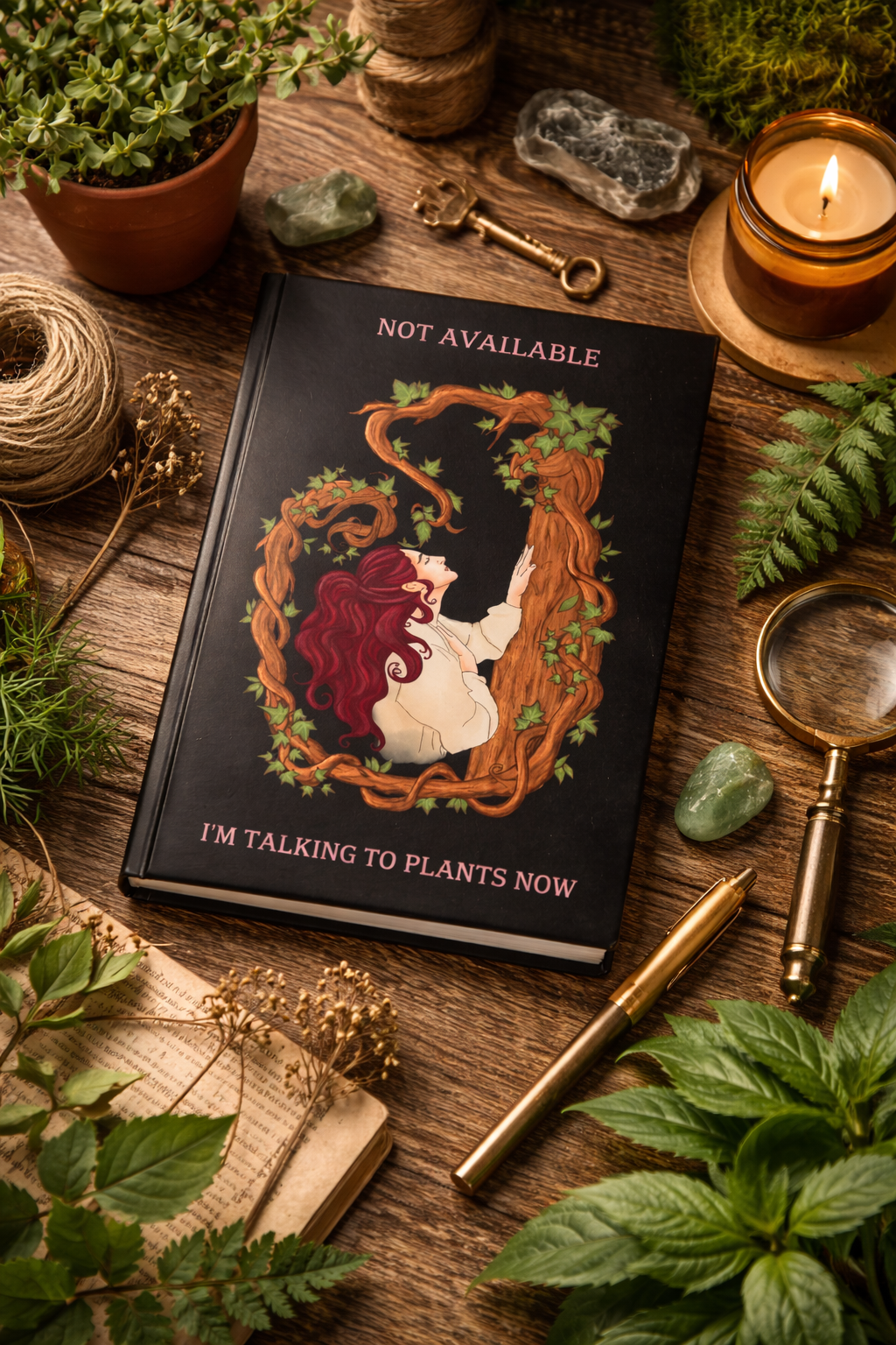 "Not available. I'm talking to plants now " - HardBack Magical notebook