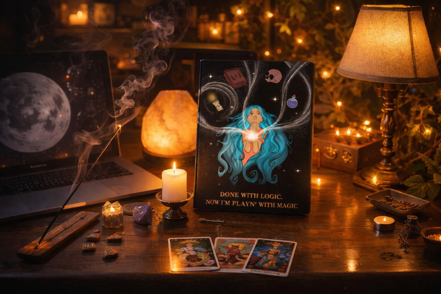 “Done with Logic, Now I’m Playin’ with Magic”  — Hardback Magical Notebook in warm, mystical desk setup gallery position 1