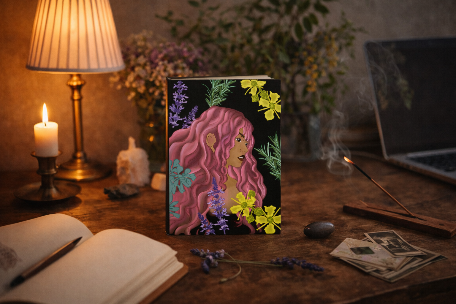 Botanical Muse" — Hardback Magical Notebook displayed in warm desk setting with candle and vintage elements, gallery position 1