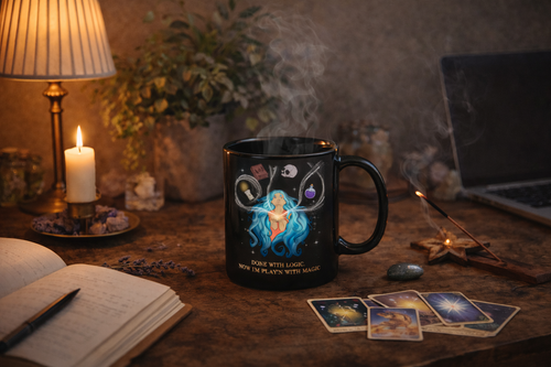 Done with Logic, Now I'm Playin' with Magic" - Cosmic Witch Mug with blue-haired witch, tarot cards, and cozy ritual setup, gallery 1