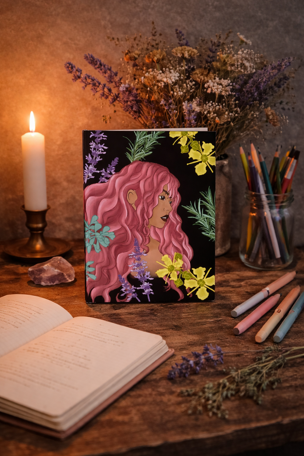 Botanical Muse" — Hardback Magical Notebook with floral art, shown in warm desk setup, gallery position 1