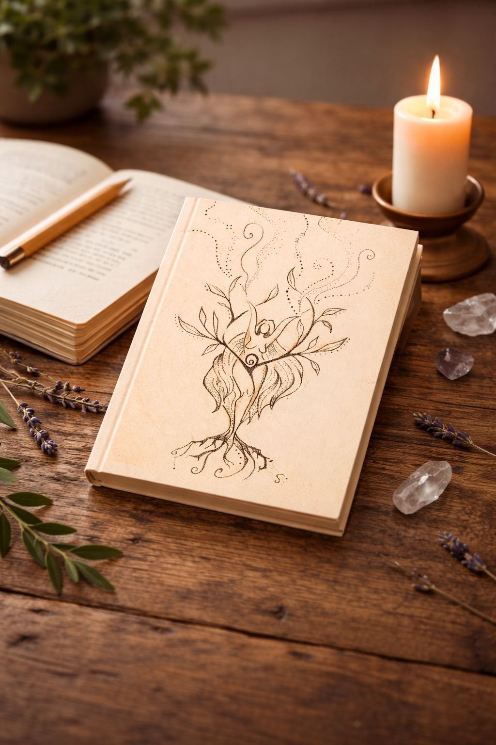 Remember you're made from Magic" — Hardback Magical Notebook with goddess illustration on wooden desk, gallery position 1