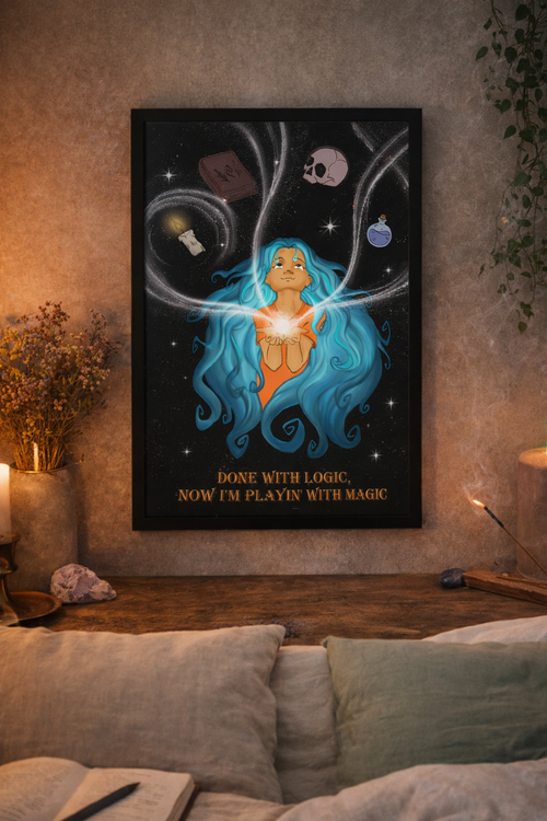 Done with Logic, Now I'm Playin' with Magic" - Museum Quality Art Print featuring a blue-haired cosmic witch, gallery position 1