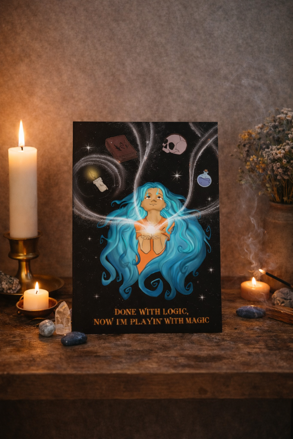 Done with Logic, Now I'm Playin' with Magic" - Museum Quality Art Print featuring cosmic witch with glowing blue hair, gallery 1