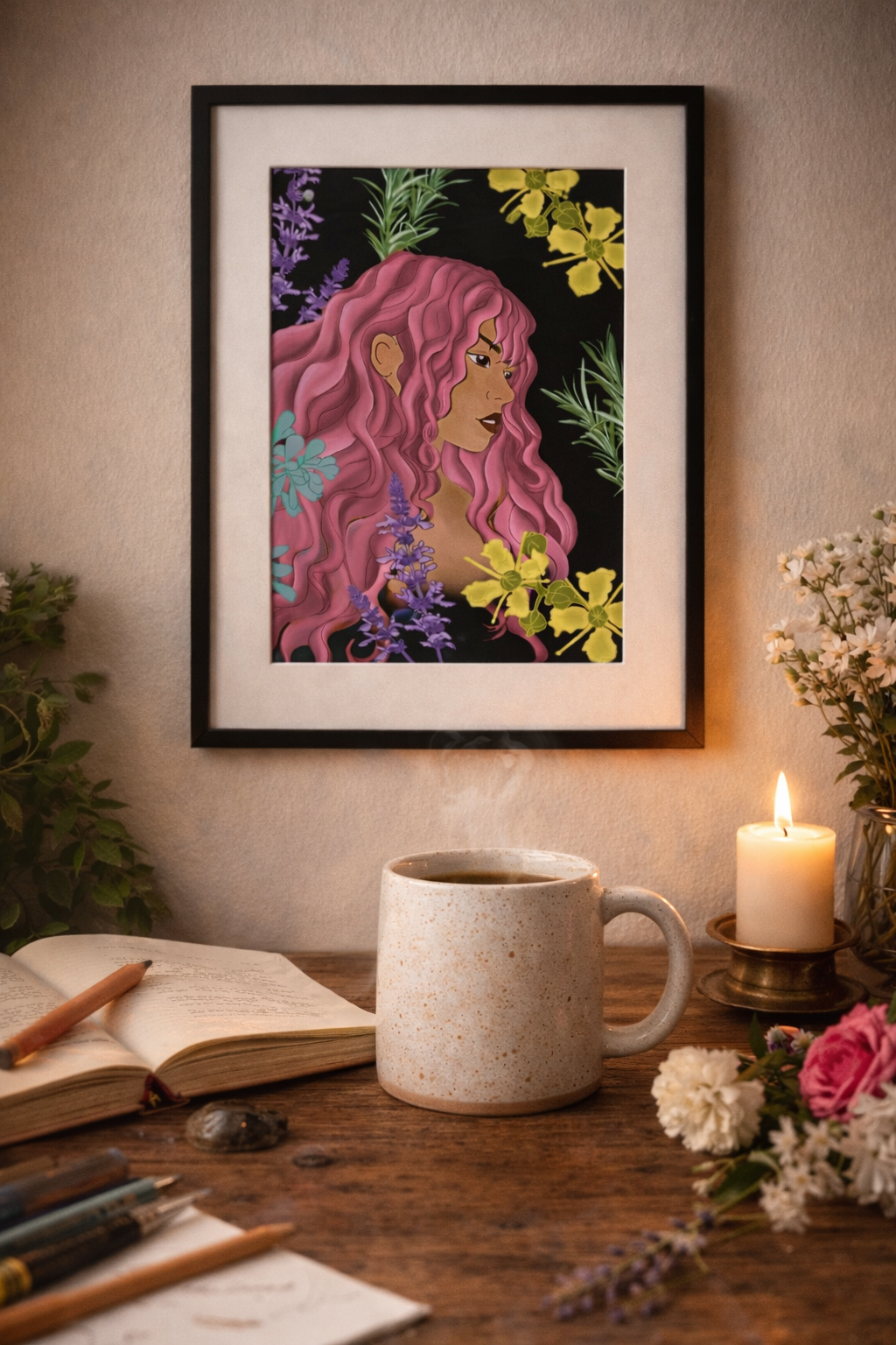 Herbal Muse" - Museum Quality Art Print featuring pink-haired woman with healing herbs, displayed in gallery position 1 setting