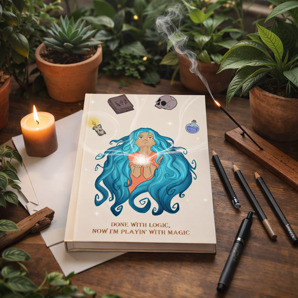 “Done with Logic, Now I’m Playin’ with Magic” — Hardback Magical Notebook shown in cozy plant-filled desk, gallery position 1