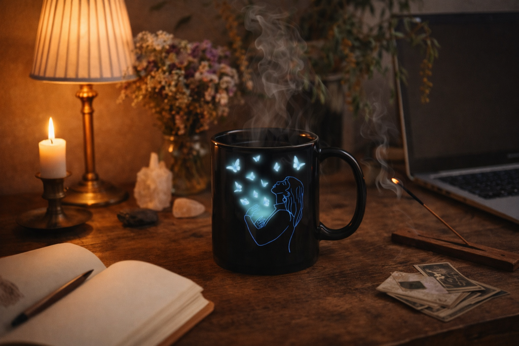 I'm Not Here to Fit In, I'm Here to Create" - Luminous Butterfly Mug glowing on desk, gallery position 1