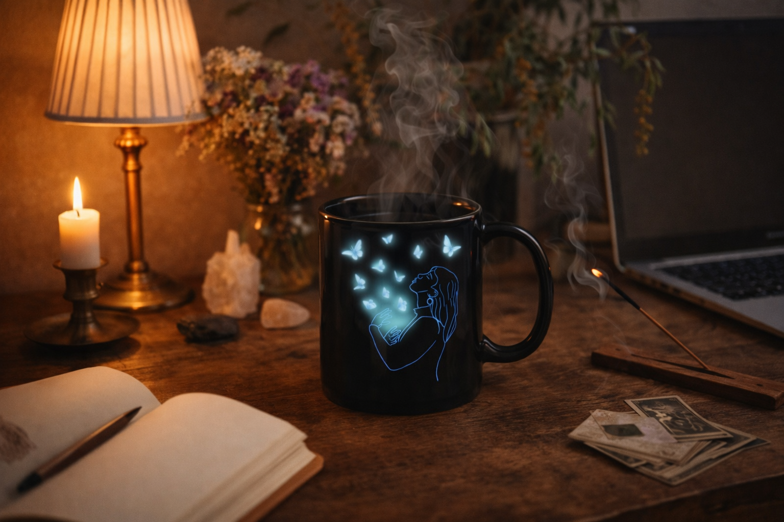 I'm Not Here to Fit In, I'm Here to Create" - Luminous Butterfly Mug glowing on desk, gallery position 1